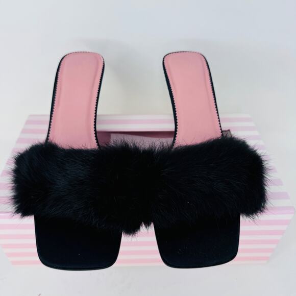 Victoria's Secret Mule Wiangora Shoes Womens Medium Black Faux Fur Heels Kitten - Picture 3 of 9
